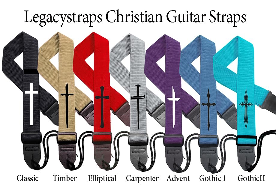 Legacystraps Christian Guitar Strap 2 Inch Wide Cotton Strap with Cross Design Gold on Black