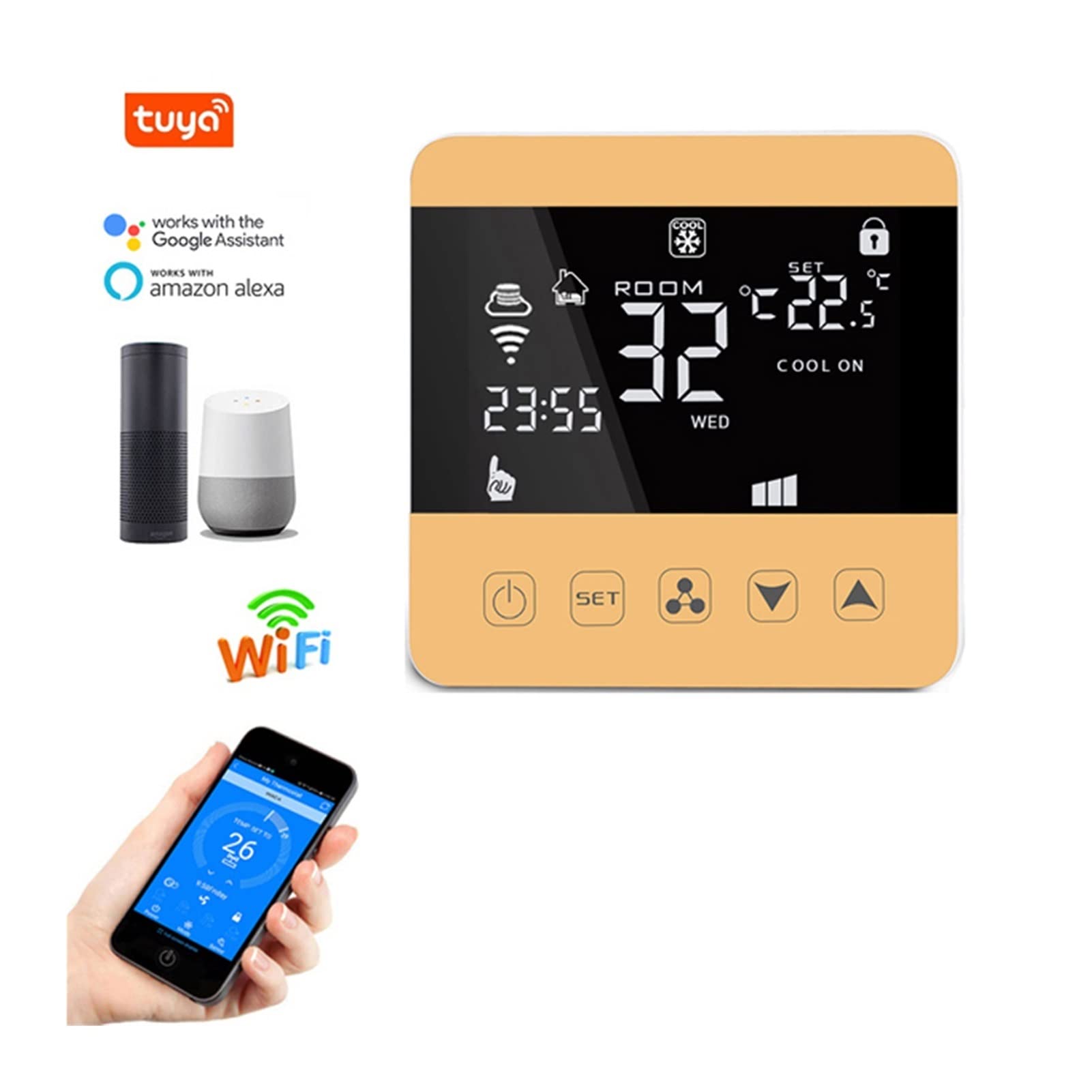 Cyfrowy higrometr termometr wewnętrzny WiFi Smart Thermostat 24V dla centralnych klimatyzatorów Fcu. Wentylacja chłodzenia regulatora temperatury pokojowej Z wyświetlaczem LCD(Green)