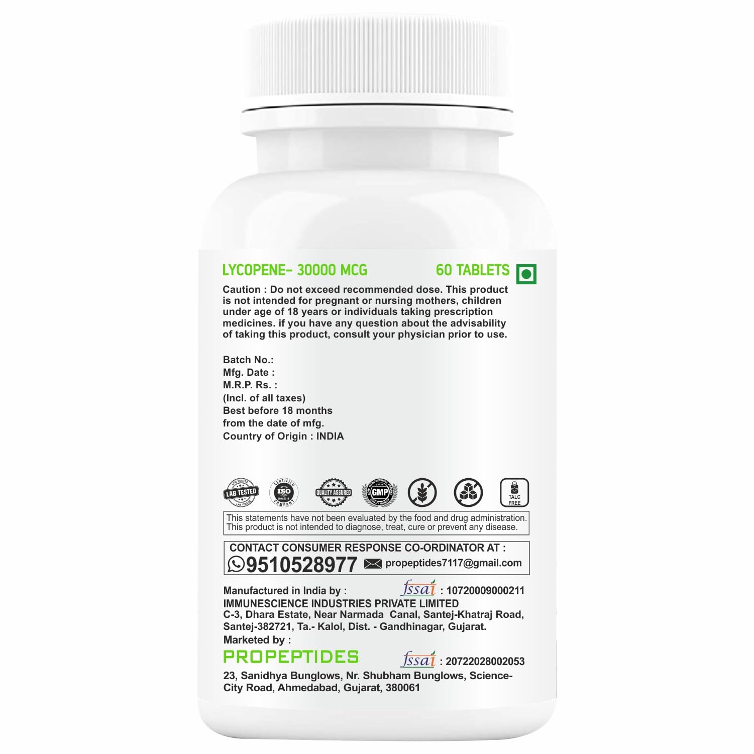 Propeptides Lycopene 30000mcg Supplement With Spirulina, Vitamin C Tablet, Grape Seed Extract, Super Food To Prostate Health, Antioxidant-60 Sugar Free Tablets (No Capsule/Capsules Pack1) 1