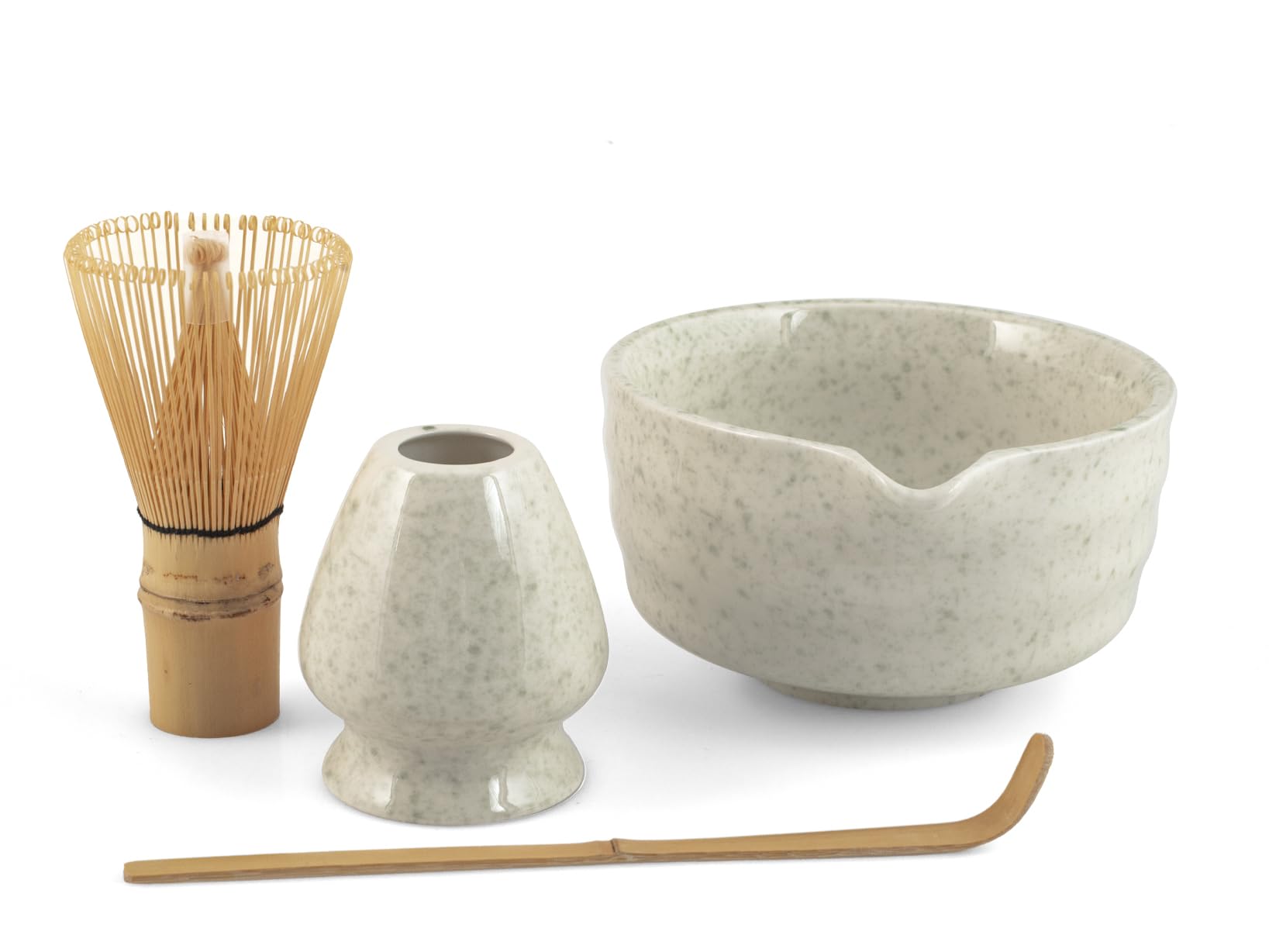 H&H Set para Té Matcha – 4 Piezas – Chasen de Bambú, Soporte de Porcelana, Cuenco y Cuchara Dosificadora – Kit Completo para la Preparación del Matcha – Colores del Soporte Surtidos
