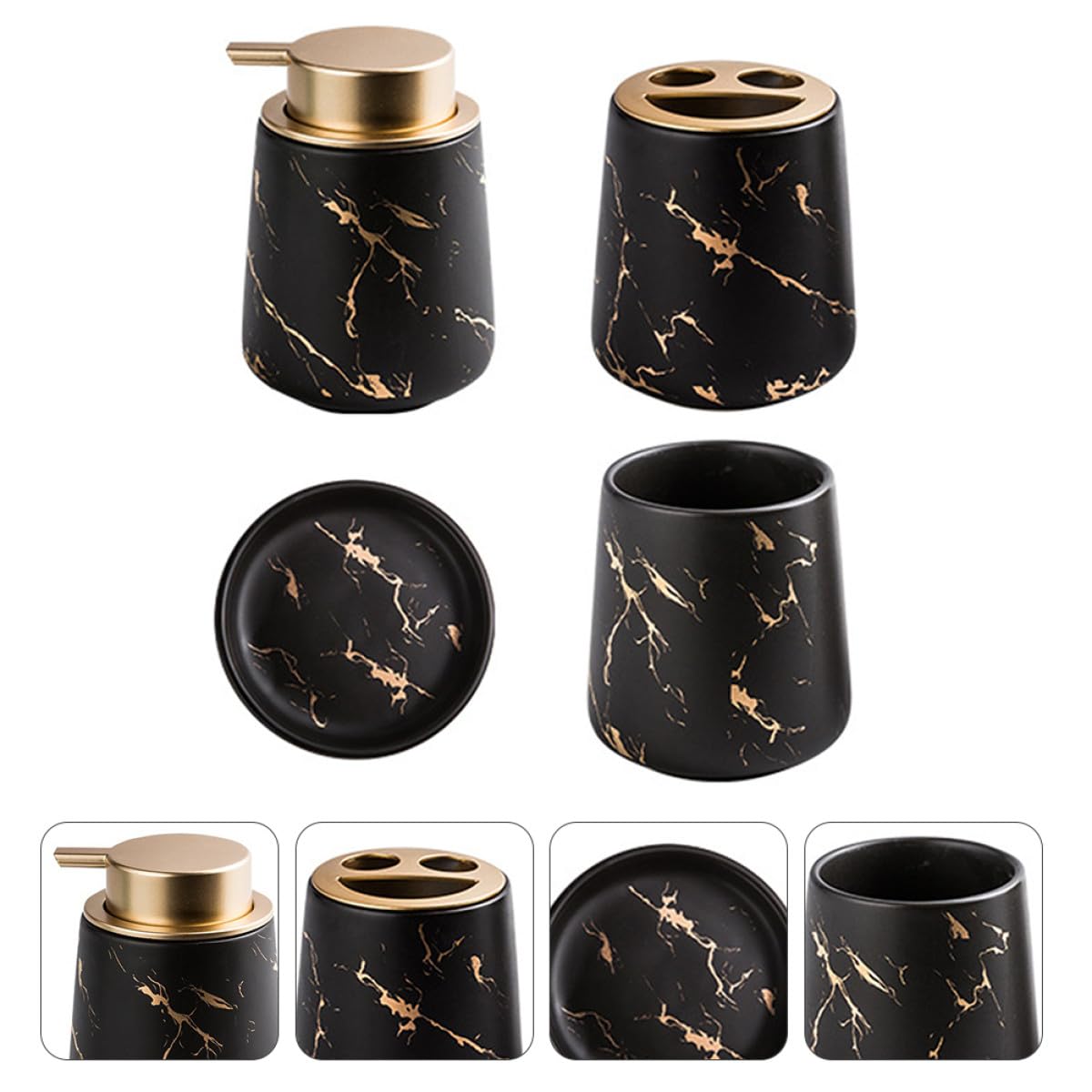 NUOBESTY Juego de Accesorios de Baño Cerámico de Mármol Mate Negro, Set 4 Piezas Vaso para Cepillos de Dientes, Taza de Enjuague Bucal, Jabonera y Dispensador de Loción, Adecuado para Baño