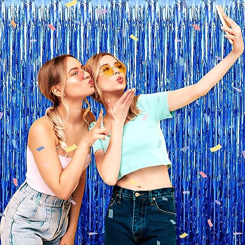 Image of 3 Pack Blue Foil Fringe Curtain Backdrop, 3.28Ft x 9.8Ft Metallic Tinsel Foil Fringe Streamer Curtains for Photo Booth, Christmas Day, Thanksgiving, Wedding, New Year Party Decorations