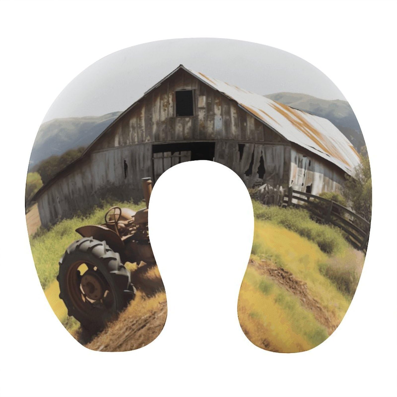 FekiLoot Old Wooden Barn with Rusted Tractor Travel Pillow,U Shaped Office Napping Pillow Support Neck and Head Comfortable Travel Neck Pillow U Shape Sleeping Essentials for Long Haul Flights