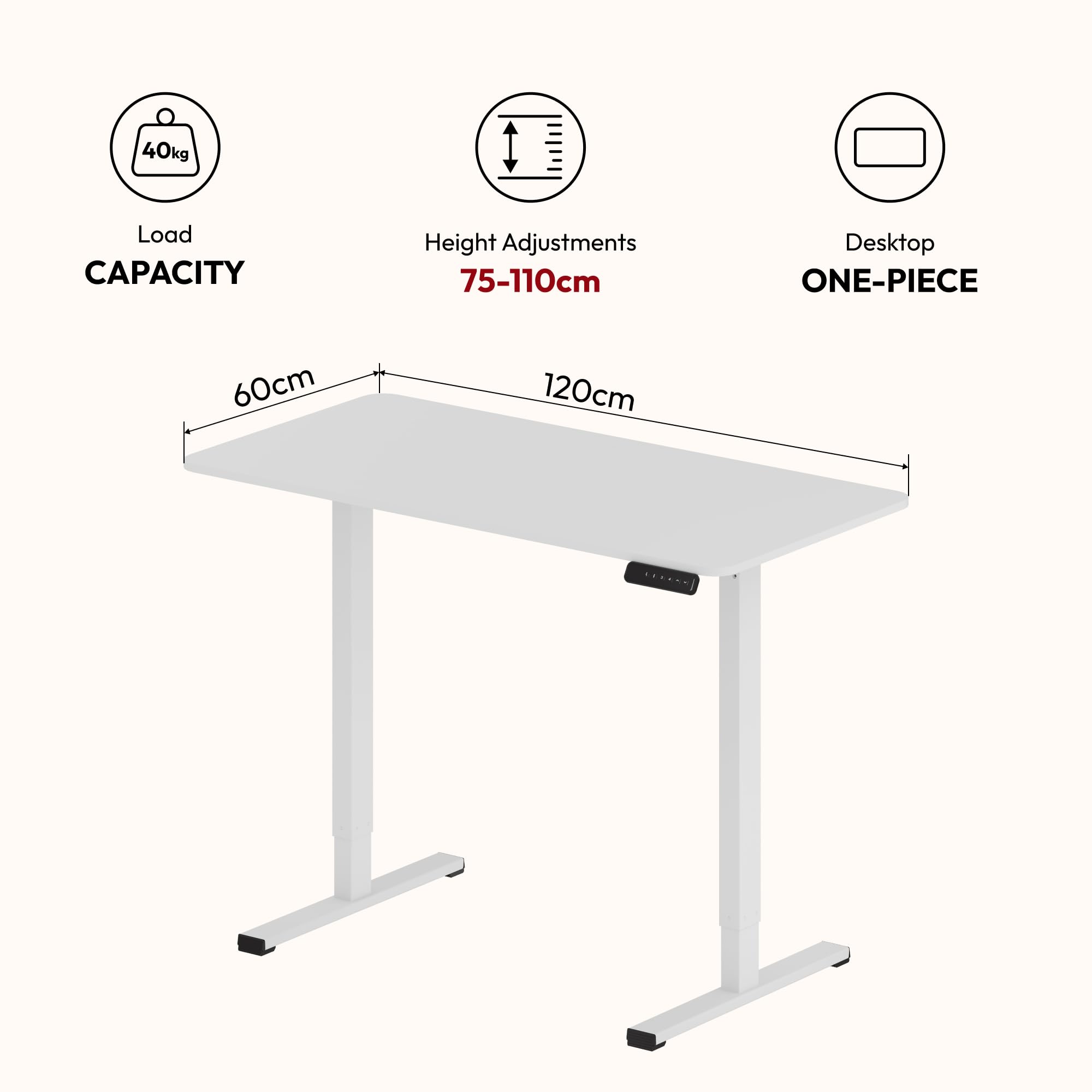 SANODESK Elektrischer, höhenverstellbarer Schreibtisch, 120 x 60 cm, höhenverstellbare Tischplatte, 4 Voreinstellungen, intelligentes Panel, Weiß