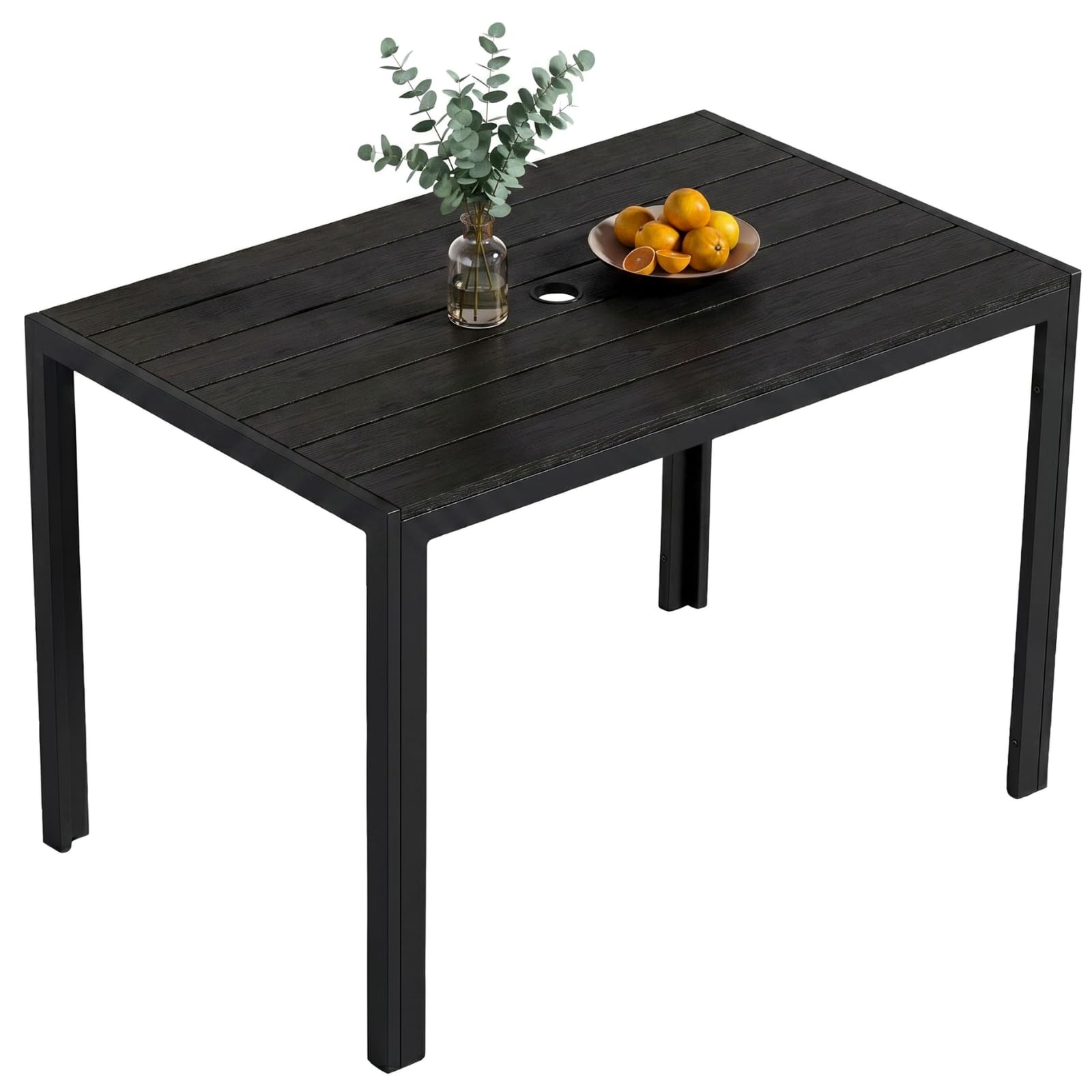 Clevich Tavolo da pranzo da giardino con foro per ombrellone, 110 x 70 x 73 cm, resistente alle intemperie, con piano a doghe in WPC, telaio in alluminio, tavolo rettangolare per balcone/cortile