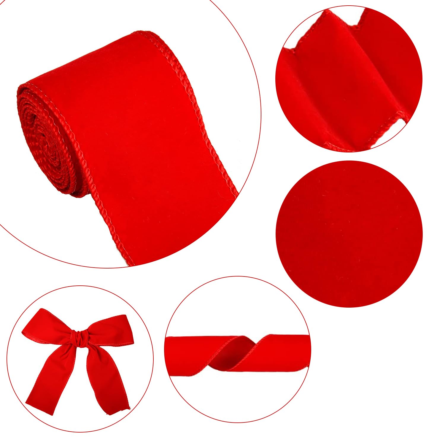 UNVOJL 6.3CM x 6M Christmas Wired Edge Velvet Ribbon Burgundy Red Christmas Velvet Fabric Ribbon (Green) - Image 3