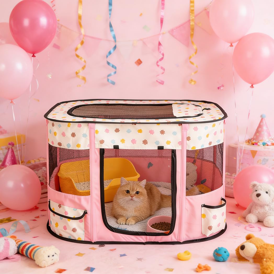 Niche Portable pour Animaux domestiques 80x60x55cm,Pliable,Rectangulaire,Niche pour Chat,Niche fermée,avec Sac de Transport (Rose)