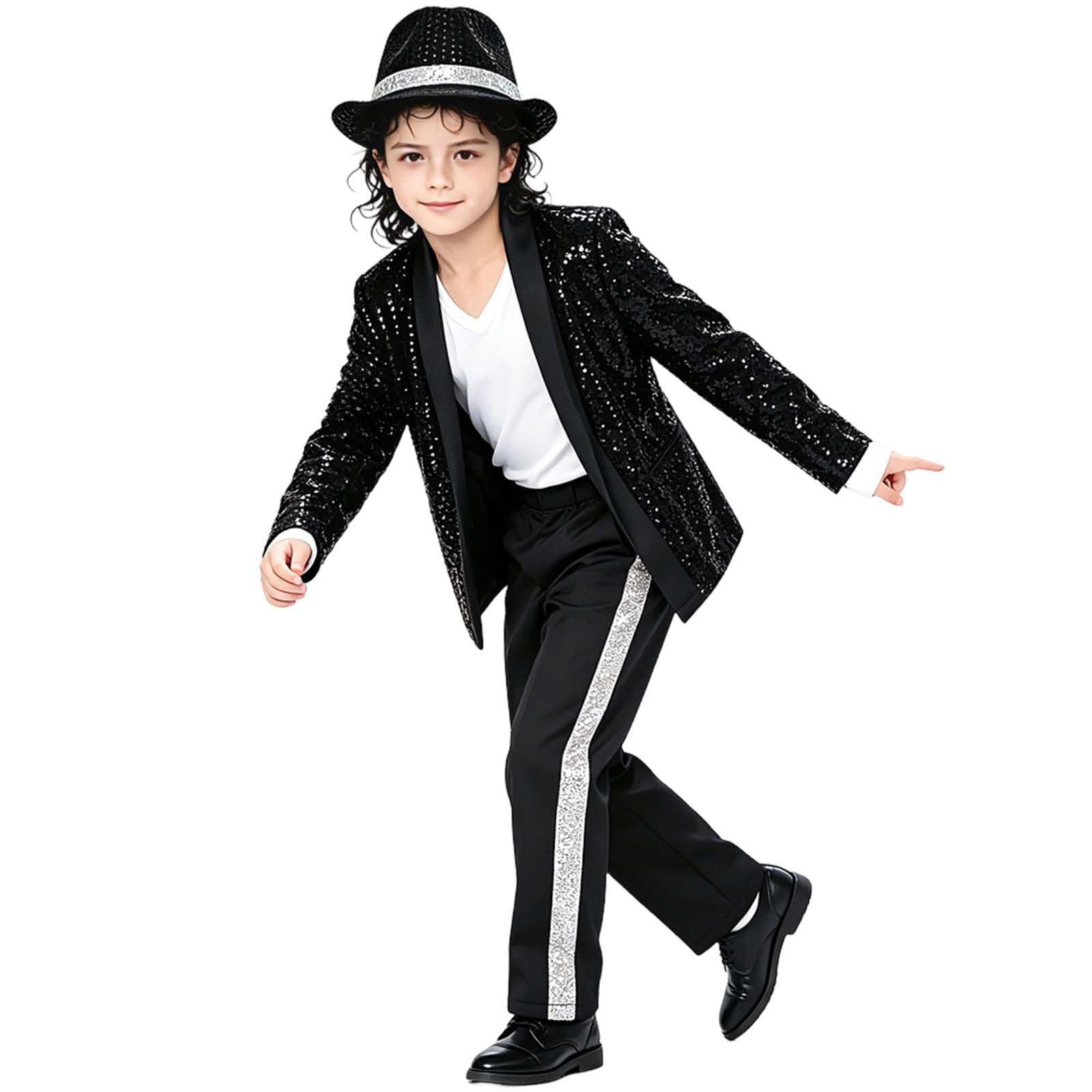 Genérico Traje de Estrella Niño 4 12 Años Conjunto de Baile con Chaqueta Lentejuelas Negra Sombrero y Guantes Estilo Años Disfraz la Música Niño Disfraces Cantante para y Halloween Sombrero Guante