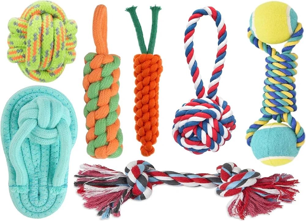 Dog Chew Toys Set with Rope Ball, Slipper, Carrot, Hanging Ball, Canvas Ball Dumbbell, Double Knot Rope, Chew Pet Toys for Pet Dental Care, Training, Exercise for All Range of Age of Pets. (B0DDQJYX32) Amazon Price History, Amazon Price Tracker