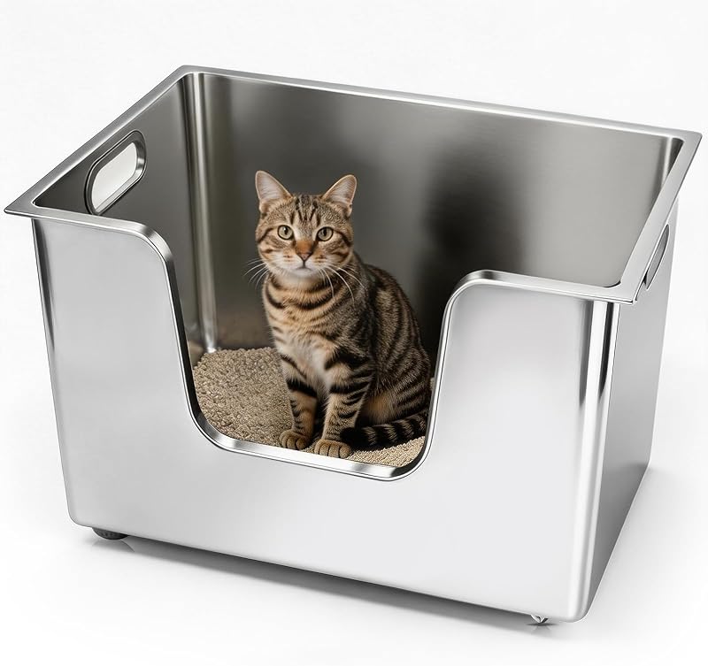 Caixa de Areia para Gatos em Aço Inoxidável com Laterais Altas, Rodas e Alça, Extra Grande Ptlom – 57,91 x 37,85 x 29,97 cm