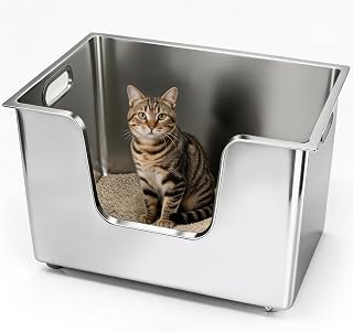 Stainless Steel Cat Litter Box 11.8” High Side Metal Litter Pan with Wheels