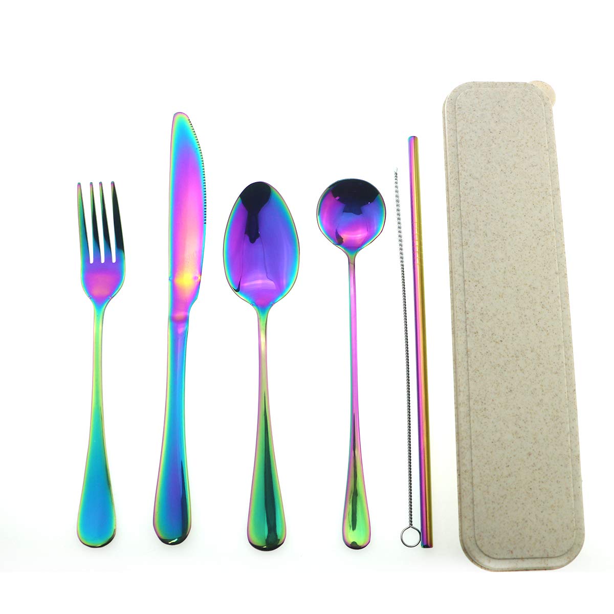 Puzhler Mirror Polished Travel Utensils Silverware with Case, Healthy & Eco-Friendly Knife Fork Spoon Straws and Carry Case, Portable Utensil Set, Strong Durable Dishwasher Safe (Rainbow)