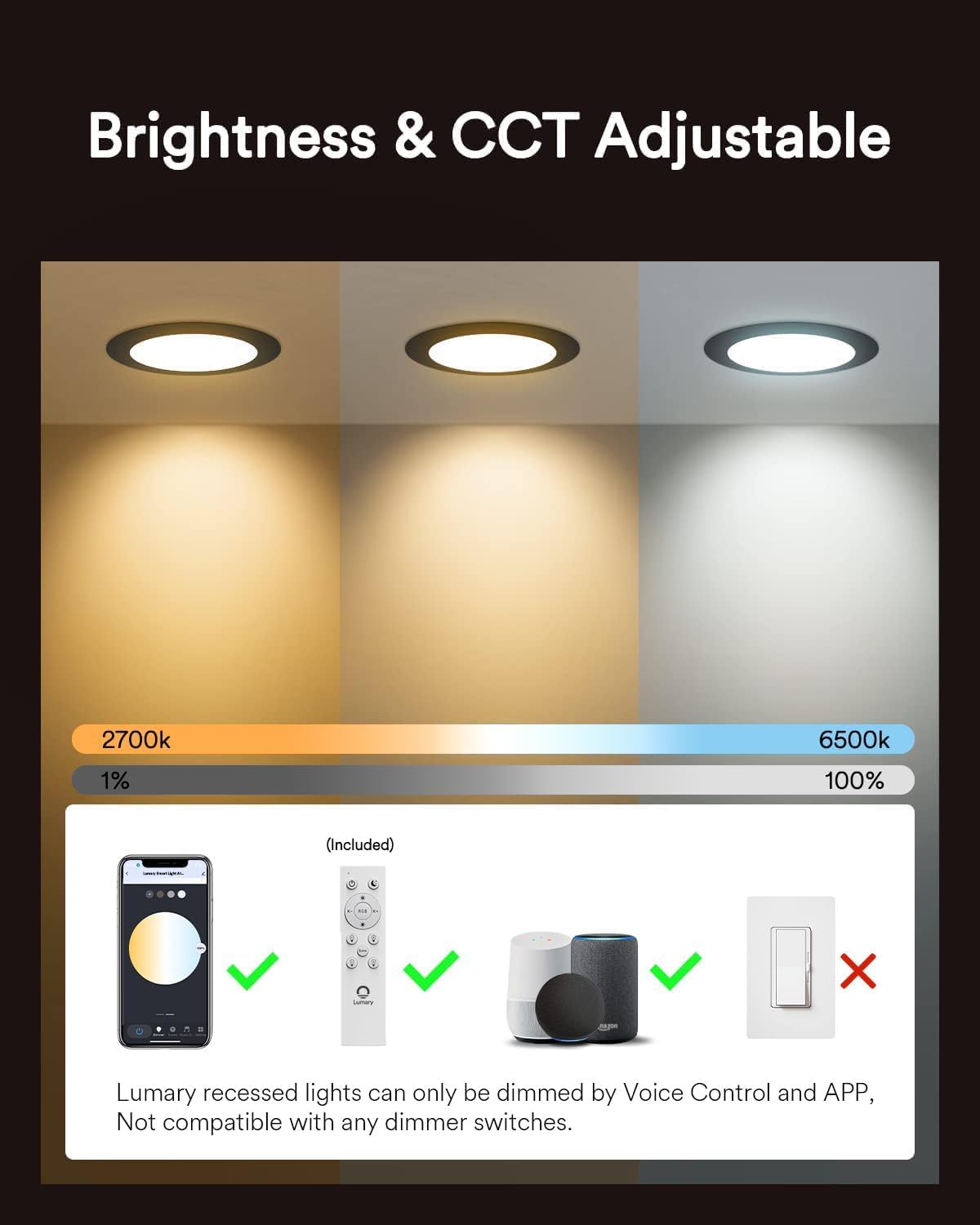 Lumary Black Smart Recessed Lighting 4 Inch, 9W 780LM Color Changing LED Downlight with J-Box, Dimmable Canless Wafer Light, Compatible with Alexa/Google Assistant/BT Remote, ETL Listed, 4 Pack