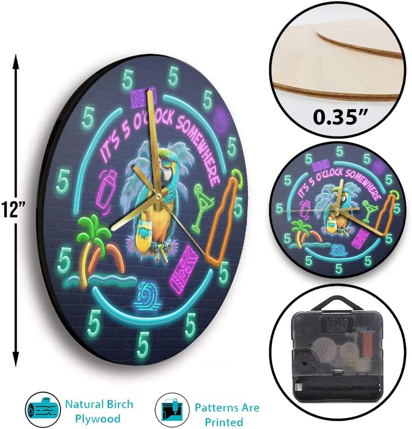 Miniatura 2 de N NAMESISS Reloj impreso, sin neón LED real, no iluminado, reloj de madera loro, reloj de barra Tiki, reloj Tiki, reloj de 12 pulgadas, regalo ideal