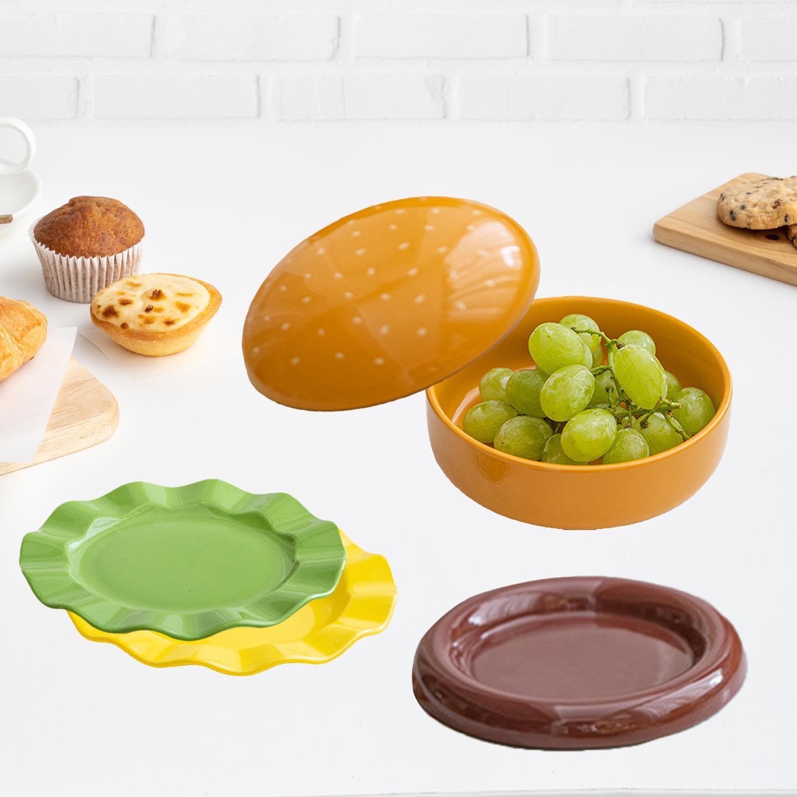 Juego de Tazón para Hamburguesa, Vajilla de Cerámica, Tazón para Sopa, Regalo, Plato para Postre, Platos con Tapa para Inauguración de Casa O