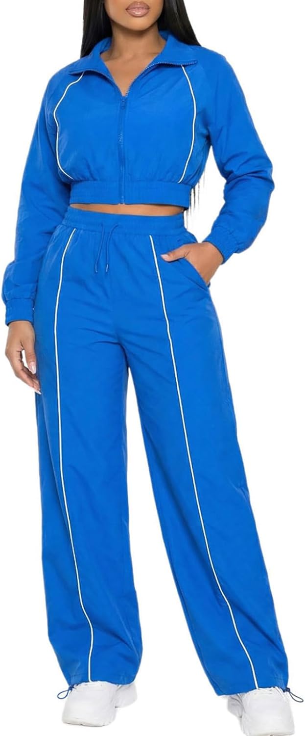 Akmipoem Track Suits for Women Set 2 Piece Zip Up Cropped Windbreaker Jacket and High Waisted Wide Leg Pants