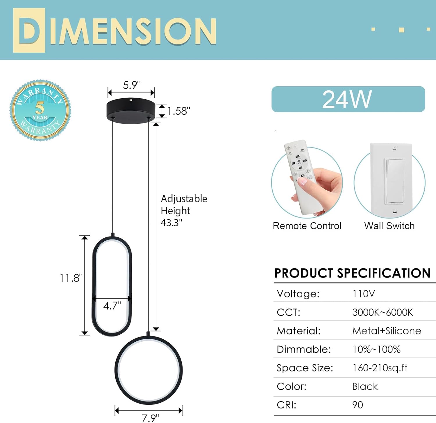 CHYING Black Modern LED Pendant Light with Remote Control, 2 Ring 24W 3-Color Temp Stepless Dimmable Ceiling Hanging Light for Bedroom Kitchen Island Dining Room Foyer Entryway