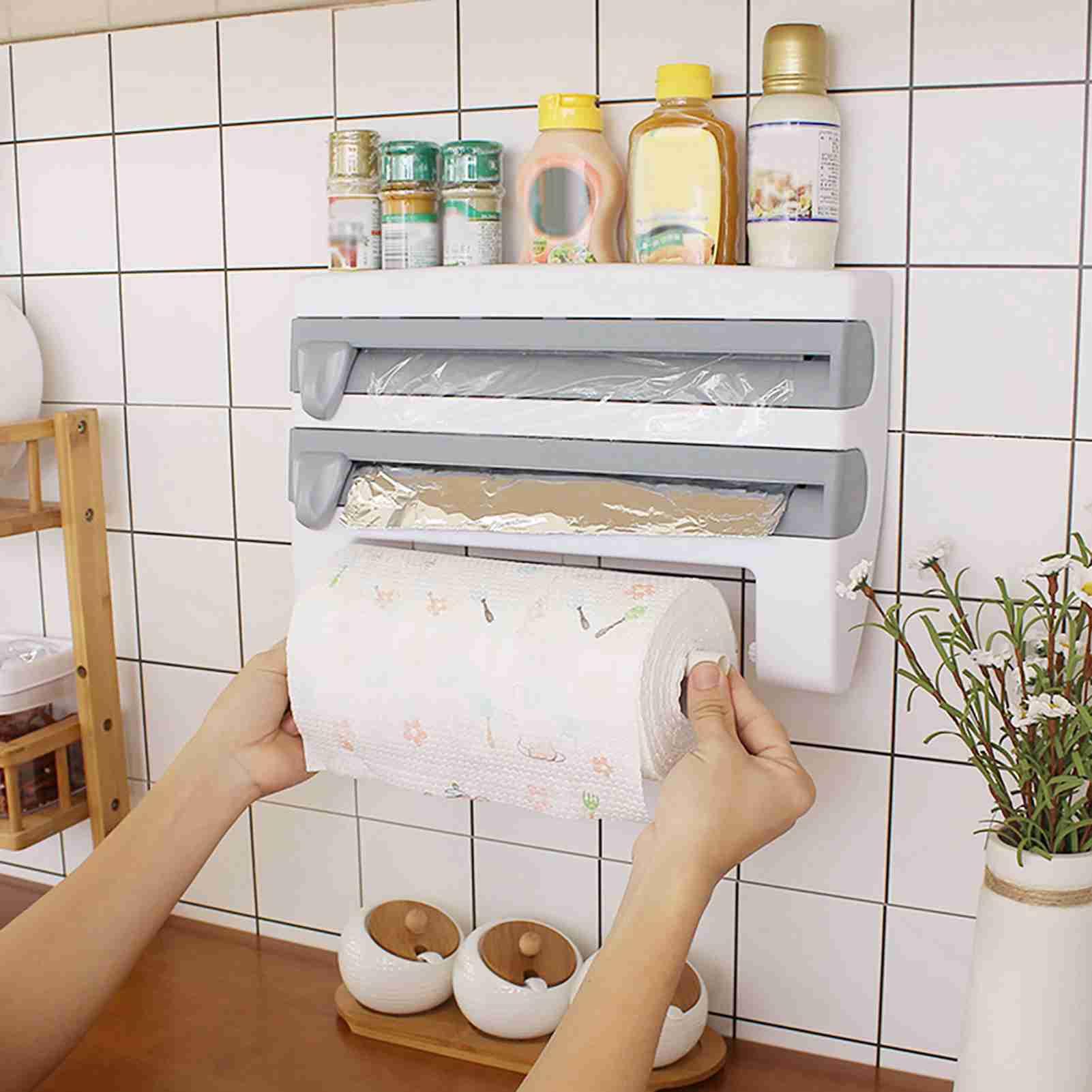 Uchwyt na ręczniki papierowe do montażu na ścianie, dozownik folii z przecinakiem, folia kuchenna i organizer do pakowania, stojak do przechowywania butelek na sos, oszczędność (Szary Niebieski)