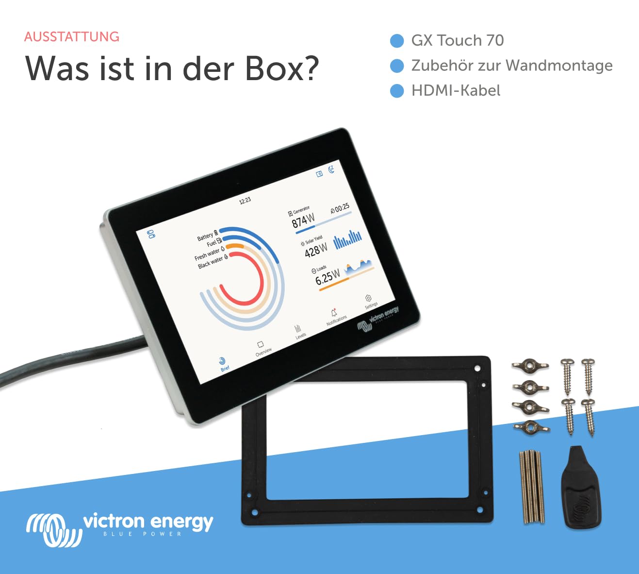 Victron Energy GX Touch 70 Anzeigebildschirm - Wasserdichter 7-Zoll Touchscreen für Cerbo GX zur Systemüberwachung und Steuerung - Einfache Montage am Armaturenbrett - Inklusive HDMI-Kabel