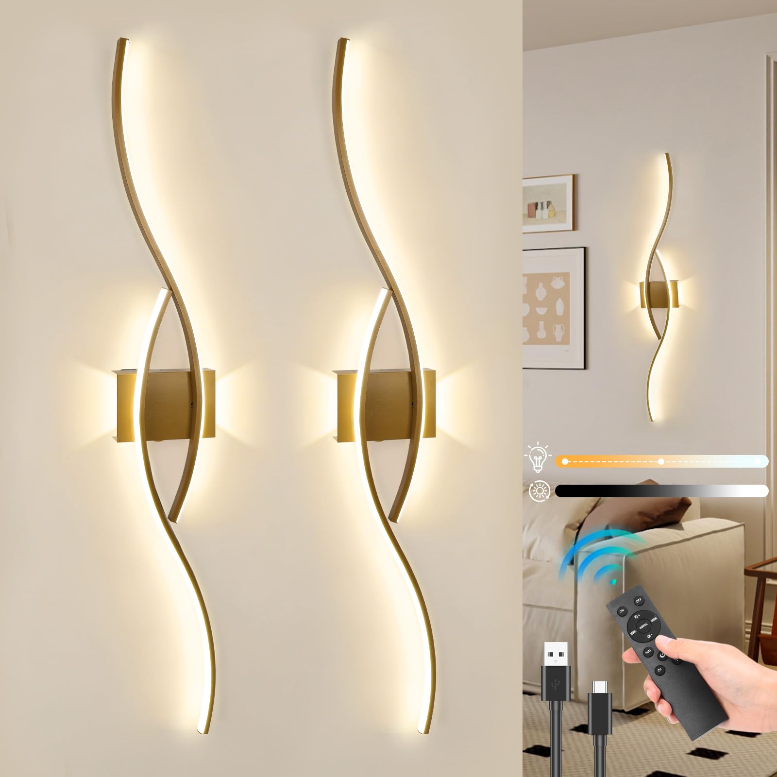 Rechargeable Battery Operated Wall Lights Indoor,100cm Wireless Wall Lights with Remote Control,Stepless Colors 3000K-6000K & Dimming,Morden Touch Wall Sconces for Living Room Bedroom Hallway,2Pack