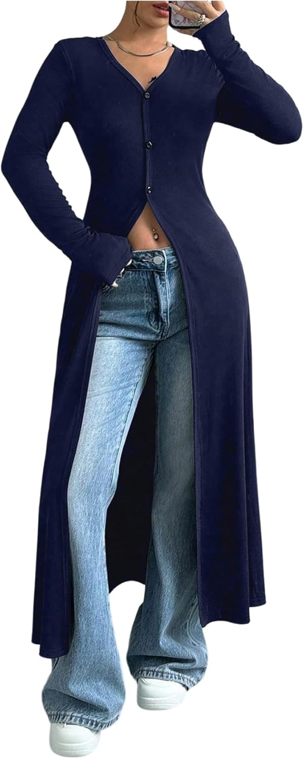 WDIRARA Women's Button Down Long Cardigan V Neck Slit Ribbed Knit Sweater Casual Going Out Tops