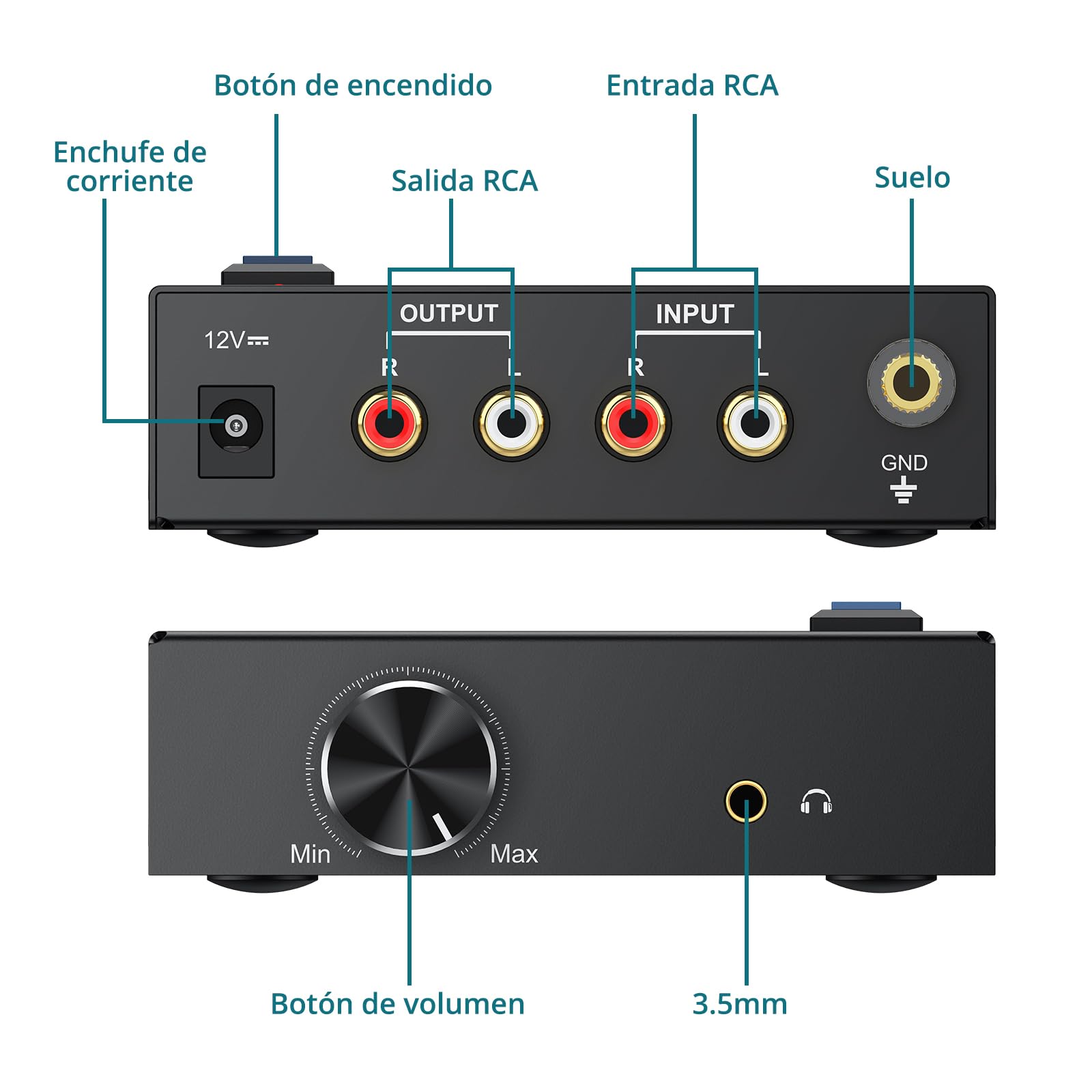 Preamplificador de Phono con Botón de Volumen, Mini Preamplificador de Giradiscos Ultracompacto para Tocadiscos MM con Salida 3.5mm/RCA y Alimentación DC 12V,Sonido de Alta Fidelidad