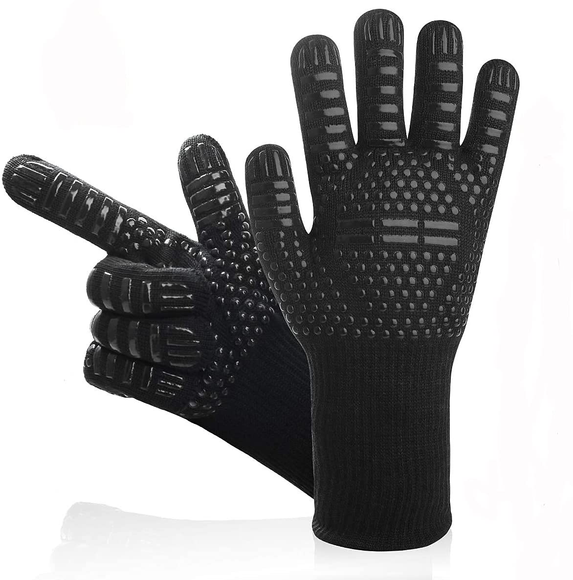 Lichi Black 2 Pcs Bbq Mitts, Heat Resistant High Temperature 800℃/1472℉ Flame Retardant Fireproof Barbecue Heat Insulation Silicone Microwave Oven Gloves
