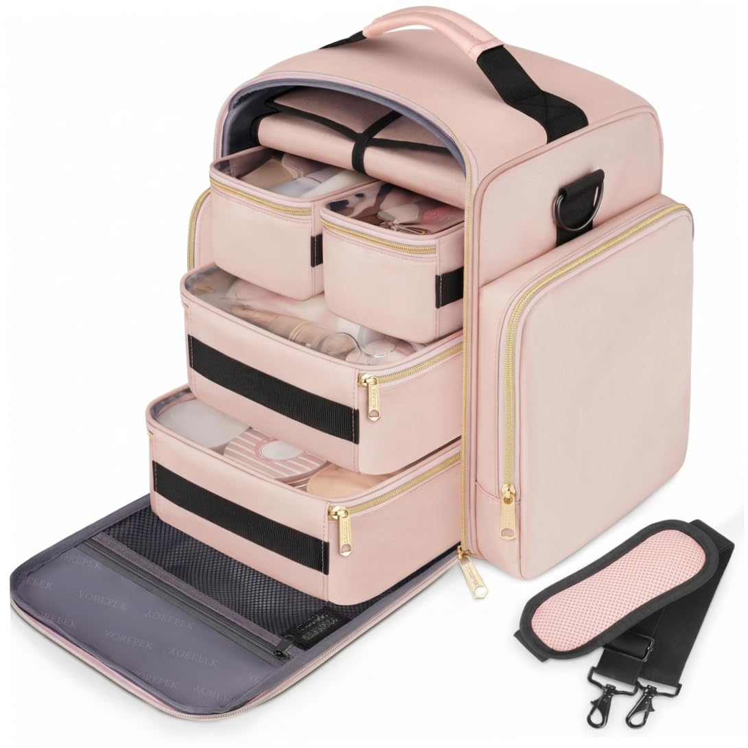 Neceser de Maquillaje con Compartimentos, neceseres de Gran Capacidad para Mujer, Bolsas de Viaje portátiles para Mujer, 4 Compartimentos Desmontables + Rollo de joyería, Organizador de Maquillaje