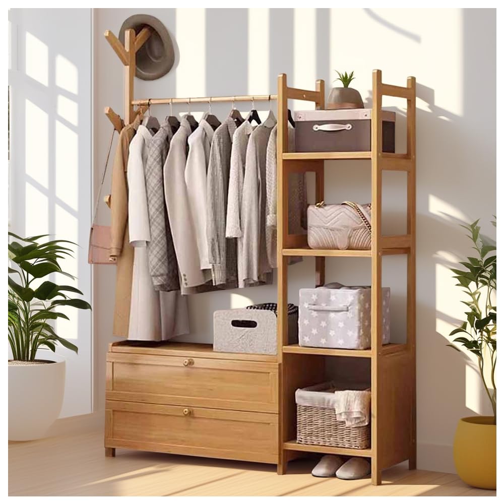 Générique Porte-Manteau Industriel en Bois avec étagères de Rangement pour Chaussures et Crochet, Charge maximale 100 kg, entrée et Couloir (Couleur Bois, 100 cm)