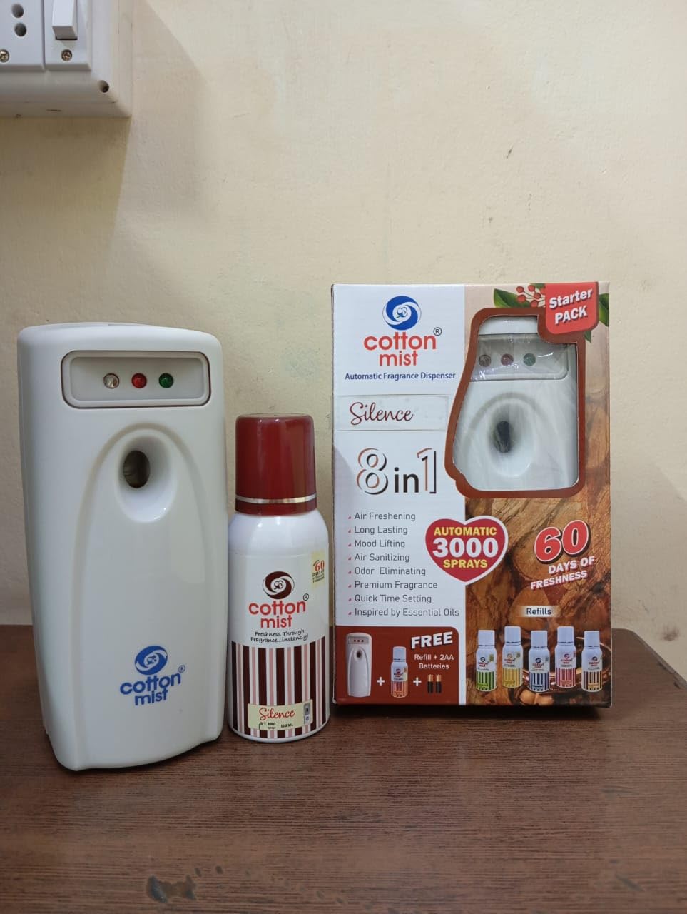 Cotton Mist Mini Aerosol Dispenser LED - Automatic Air Fragrance Dispenser with 110ml Refill | 8 in-1 Multi-functional Air Fragrance Dispenser for Bathroom, Toilet, and Living Hall (Silence)