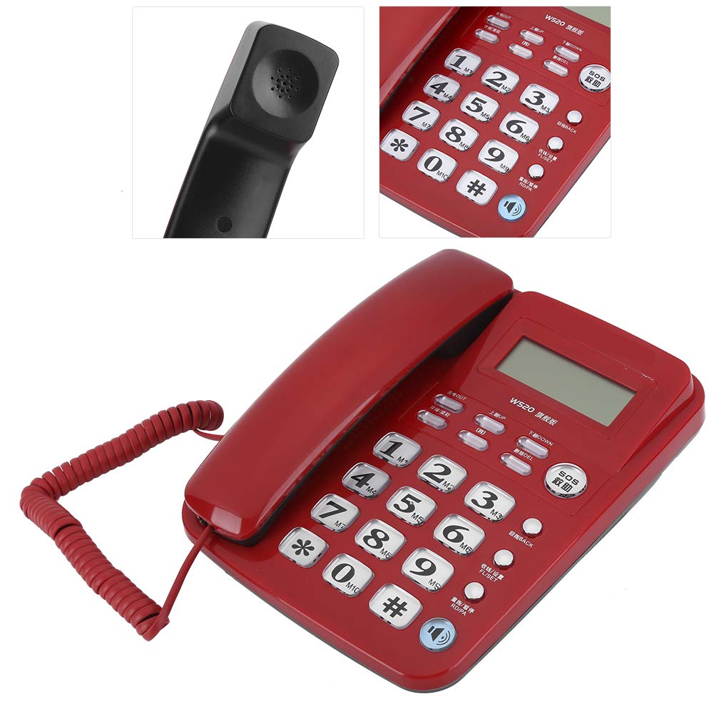 Telefono Fisso con Filo, Telefono Fisso Vivavoce da Tavolo, Telefono cablato, Display LCD, Supporta l'identificazione del chiamante, Sveglia per Ufficio/casa/Lavoro/Camera degli Ospiti (Rosso)