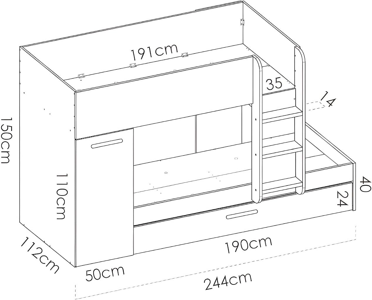 Technical drawing with dimensions of the Vente-unique Anthony bunk bed