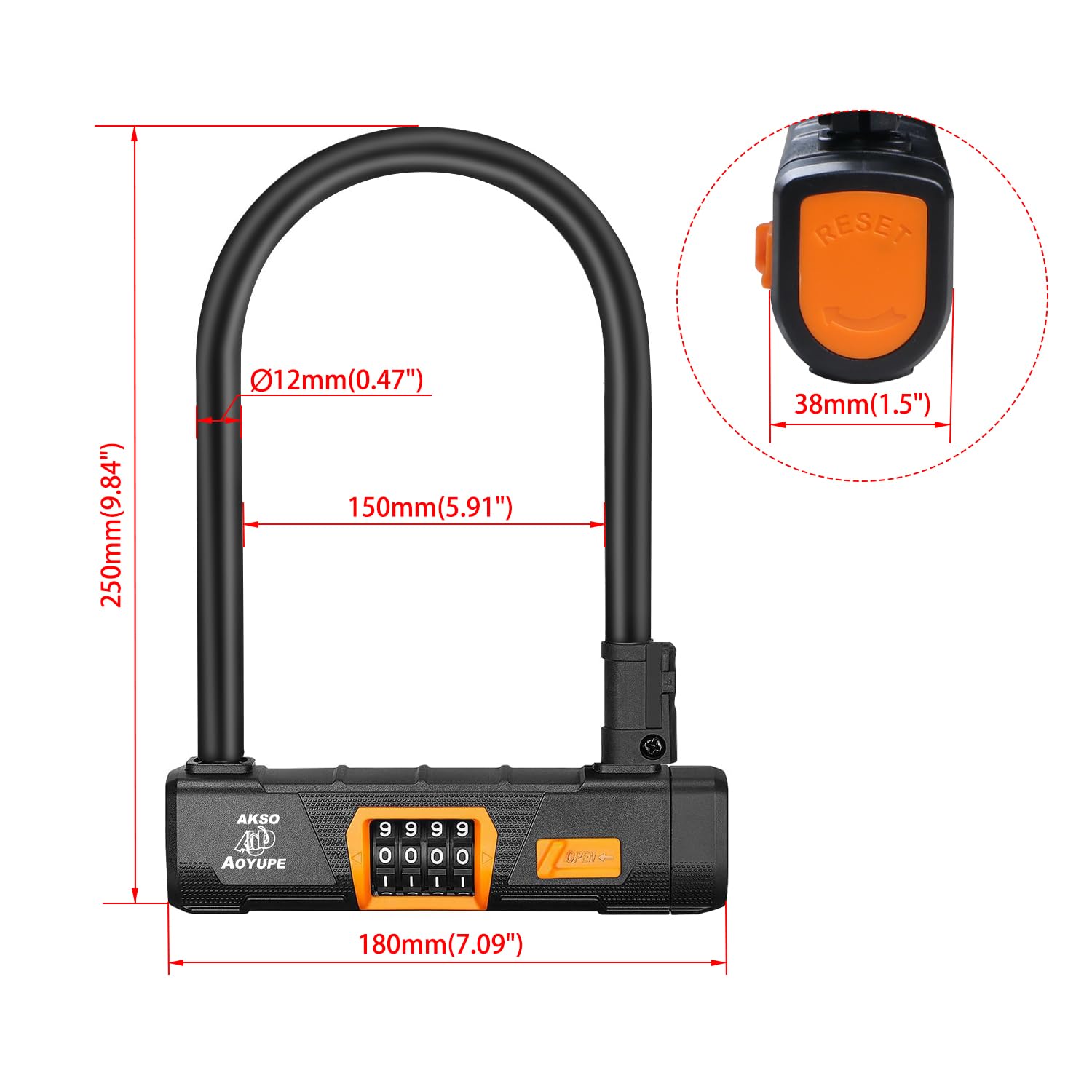 Akso Aoyupe Black Silicone 4-Digit Resettable Combination Heavy Duty Anti-Theft Locks,Keyless Lock for Outdoor,U-Lock with Sturdy Mounting Bracket?for Motorcycle, Ebikes?1 Set?