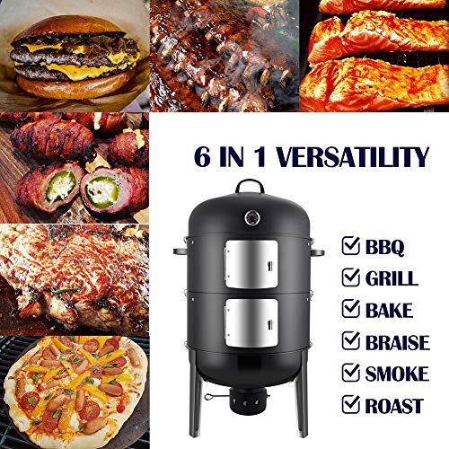 Realcool 20 Inch Vertical Heavy Duty Steel Round Charcoal Outdoor BBQ Smoker Grill with Bottom Air Vent and Latch Locking System, Black