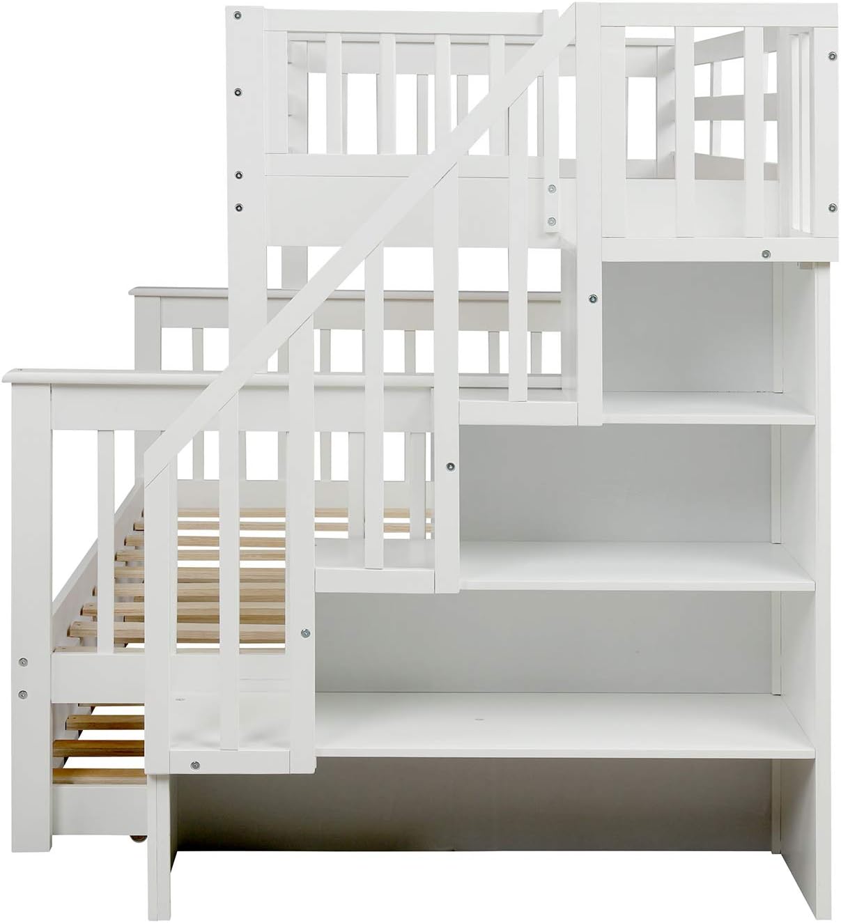 Side view of the bunk bed showing the integrated staircase with shelves