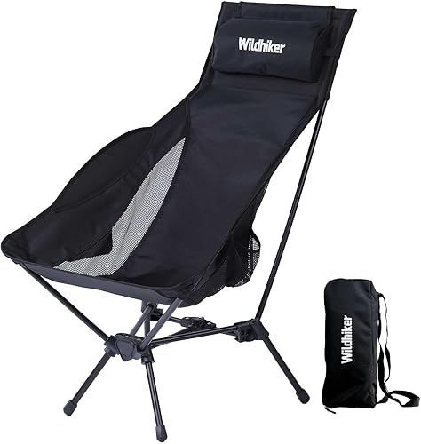 Wildhiker Sillas de camping plegables y compactas portátiles, respaldo alto ligero con almohada, reclinación profunda, almohadillas, bolsillos
