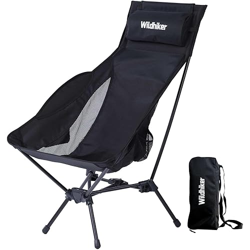 Wildhiker Portable Compact Folding Camping Chairs – Lightweight High Back with Pillow, Deep Recline, ArmPads, Side Pockets-for Motorcycle, RV, Backpacking, Travel, Festival – Black