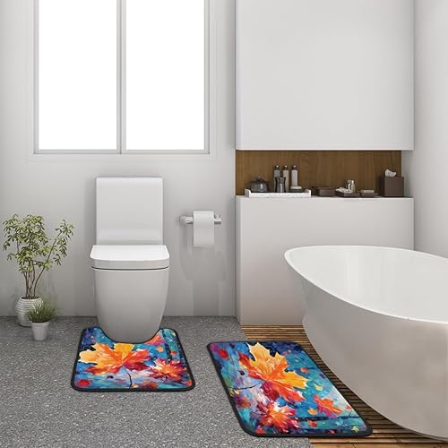 Miniatura 2 de 2 Pieces Bath Mat Set, Watercolor Maple Leaves Bath Mat U-Shaped Toilet Rug Bathroom Mat Set with Bath Rug Mat, Oil Painting Leaves Mat for Bathroom