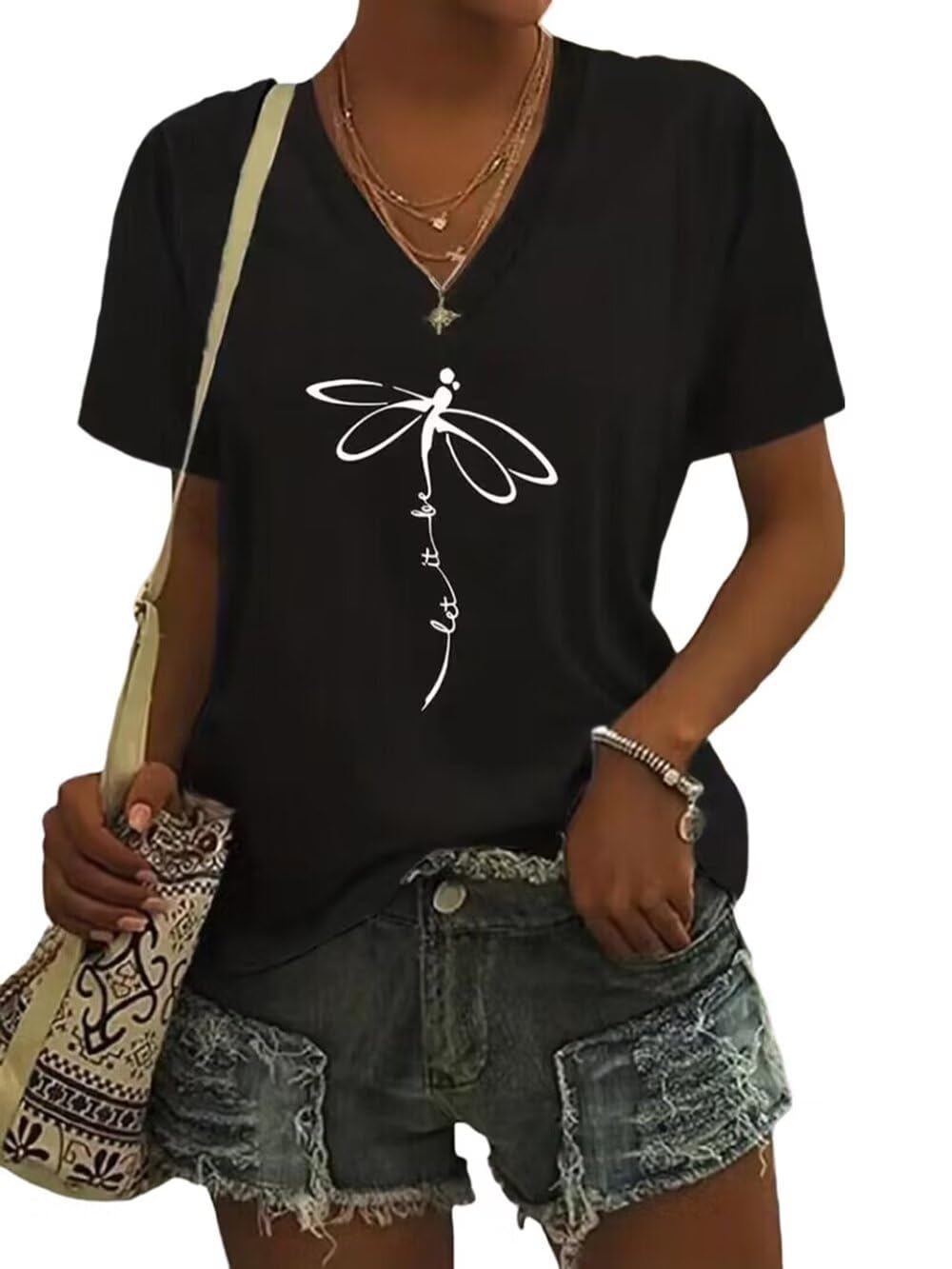 VKEGNIOAbstract Dragonfly Shirt Cute Let It Be Letter Print T-Shirt Funny Colorful Dragonfly Graphic Summer Casual Tee Tops