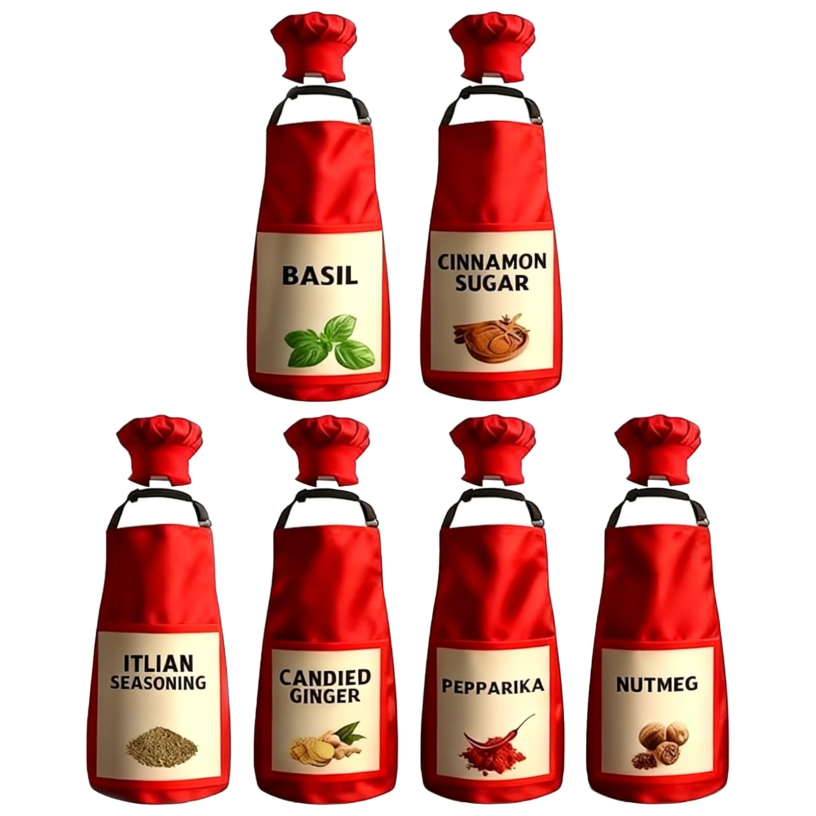 Gewürz Schürzen Kostüm 6-Teiliges Set Aus Bequemem Und Verstellbarem Fancy | Schürzen Und Würzmittel Mit Aufdruck Von Gewürzen Für Partys Events Rollenspiel Essen Pizza Frauen Und Tea