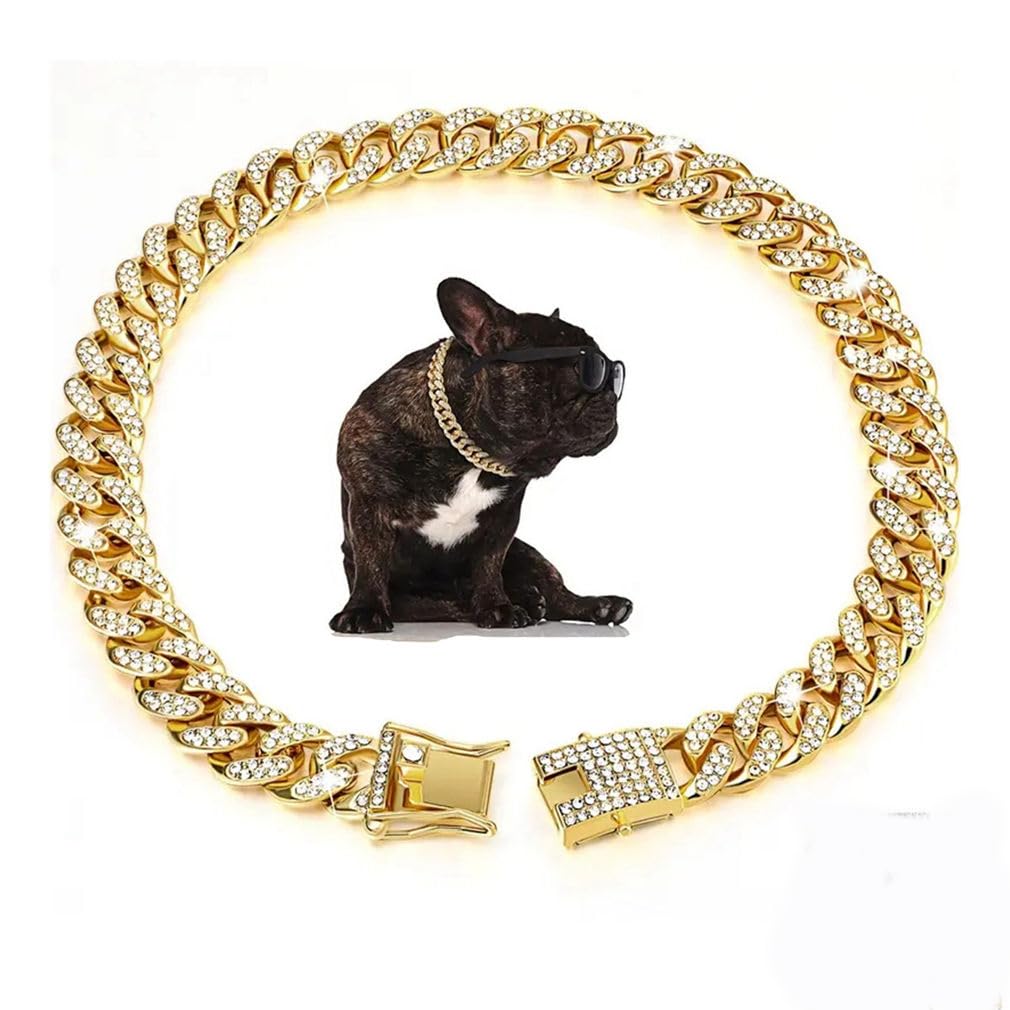 Gold Chain Dog Collar, Glitter Rhinestone Sparkly Diamond Jewelry Metal Necklace Cuban Link Bling Puppy Collars For Small Medium Large Pet Dogs Cats, 10 inch