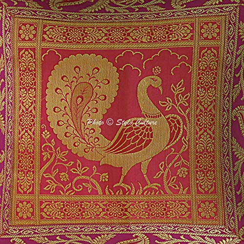 Image of Decorative Brocade Cushion Cover 16x16 Inch Banarasi Jacquard Weave Living Room Decor Magenta & Gold Peacock Traditional Square 40x40 cm Zippered Sofa Settee Pillowcase -1 Pc