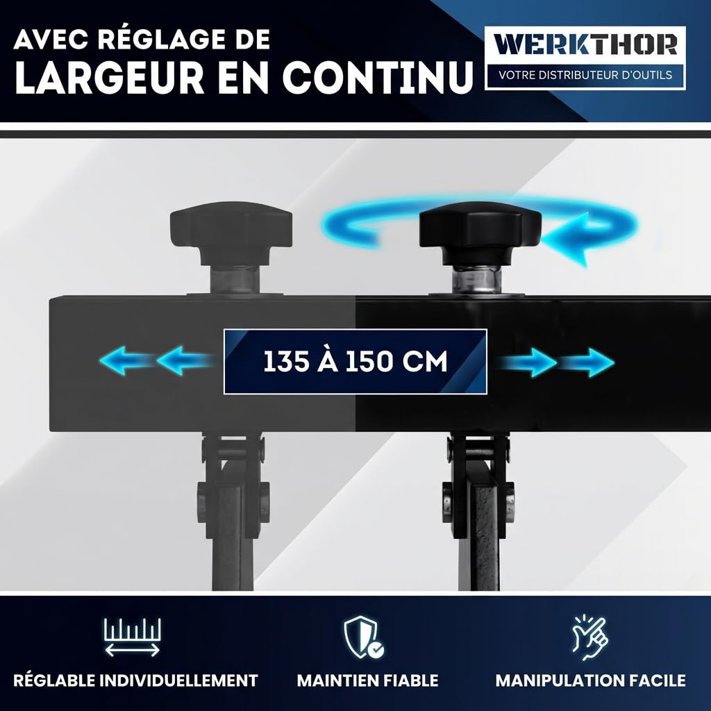 WERKTHOR Support Moteur Atelier 500kg Noir | Traverse Support Moteur Réglable 150cm avec 2 Chaînes 90cm & Pieds 360° | Barre Maintien Moteur pour Embrayage, Distribution, Boîte Vitesse