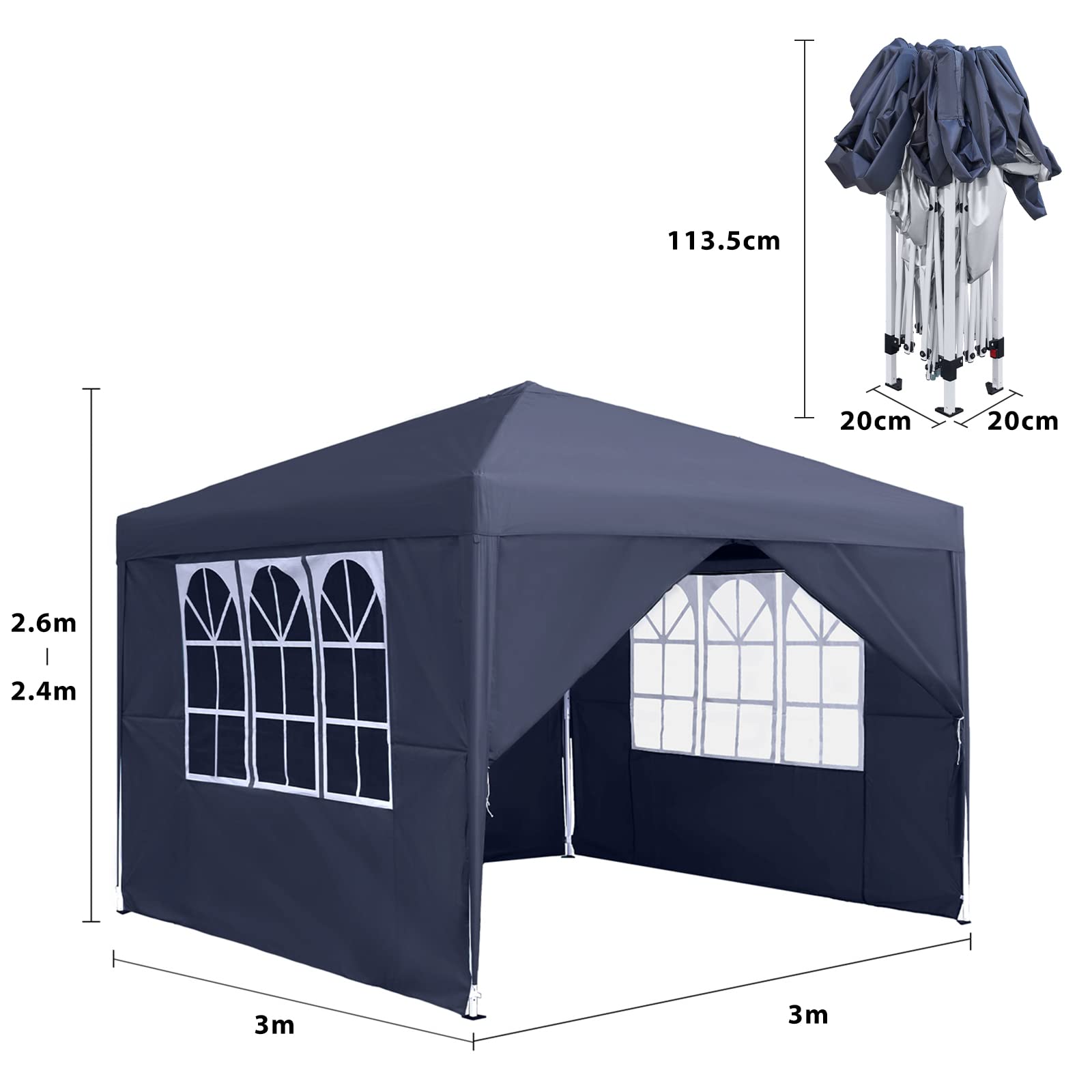 NAIZY Pavillon Pliant de 3 x 3 m avec parois latérales - Gris foncé