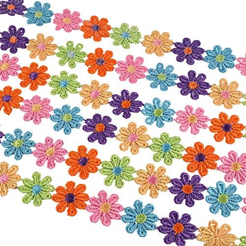 5 Yards Colorful Daisy Flower Lace Trim Ribbon Rainbow Sewing Craft Lace Embroidered Applique Vintage Edging Trimmings Fabric for DIY Sewing