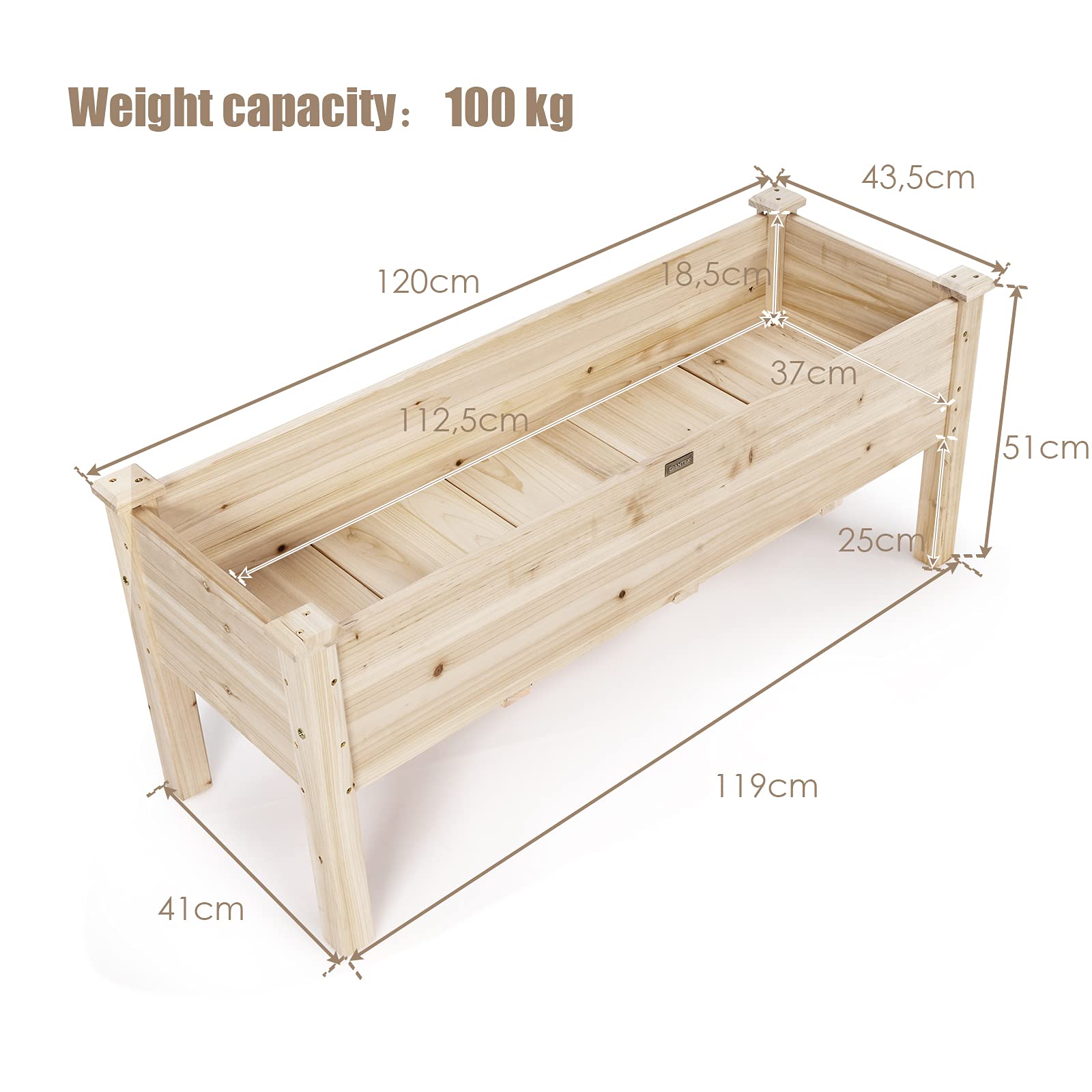 COSTWAY Verhoogd bloembed van hout, plantenbak voor kinderen, 120 x 43,5 x 51 cm, belastbaar tot 100 kg, bloempot met afvoergaten, rechthoekige kruidenbak, kweekbed, tuin, terras, balkon, oranje