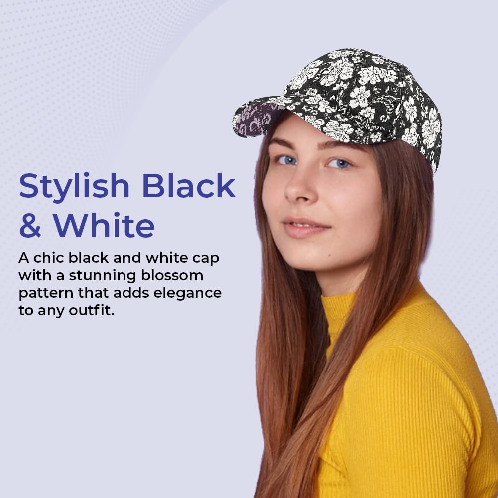 Black and White Floral Metallic Baseball Cap, Blossom Flower Print Hat, Trendy Sports Ball Cap for Women