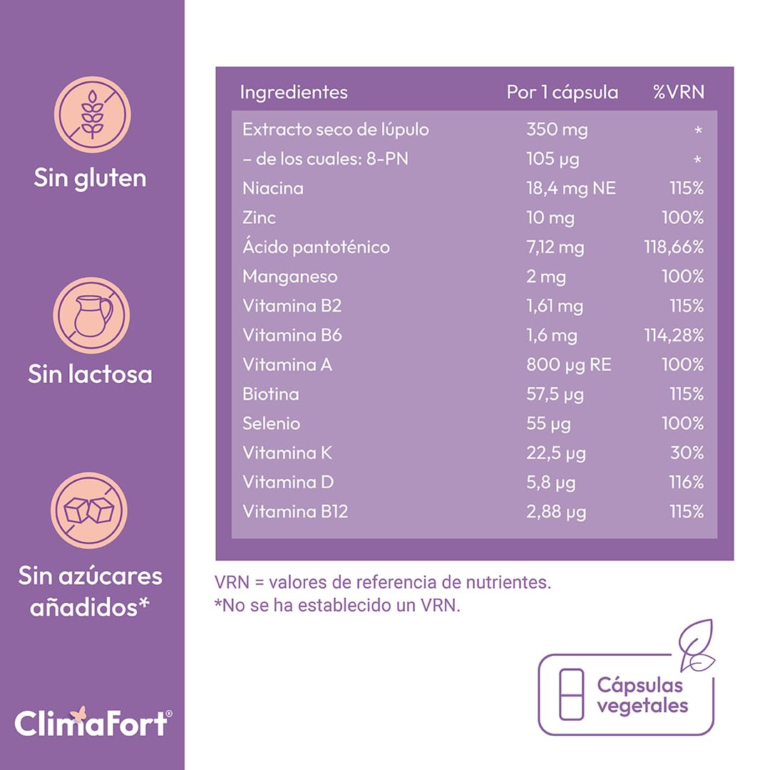 [60 cáps] ClimaFort Menopausia | Para 2 meses | Alivia Sofocos, Sudoración y otros Síntomas de la Premenopausia | Pastillas con Lúpulo, Vitaminas y Minerales | 1 al día | Pastillas Menopausia con Vitaminas y Minerales | Alivia Sofocos y Sudoración | Sin h