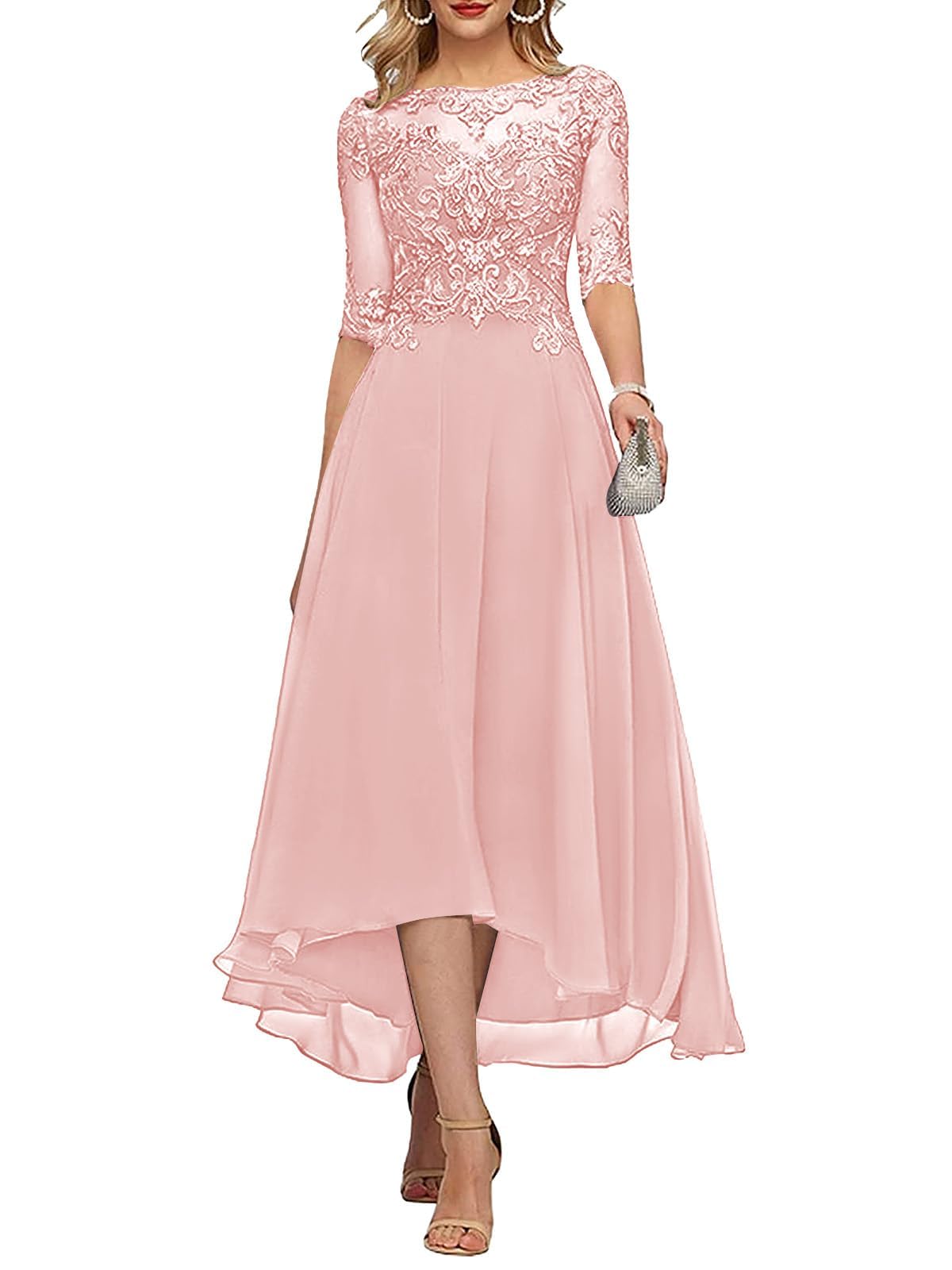KURFACE Blush Pink Mother of the Bride Dresses for Women with Lace Applique Chiffon Half Sleeve Tea Length Wedding Guest Dress UK20
