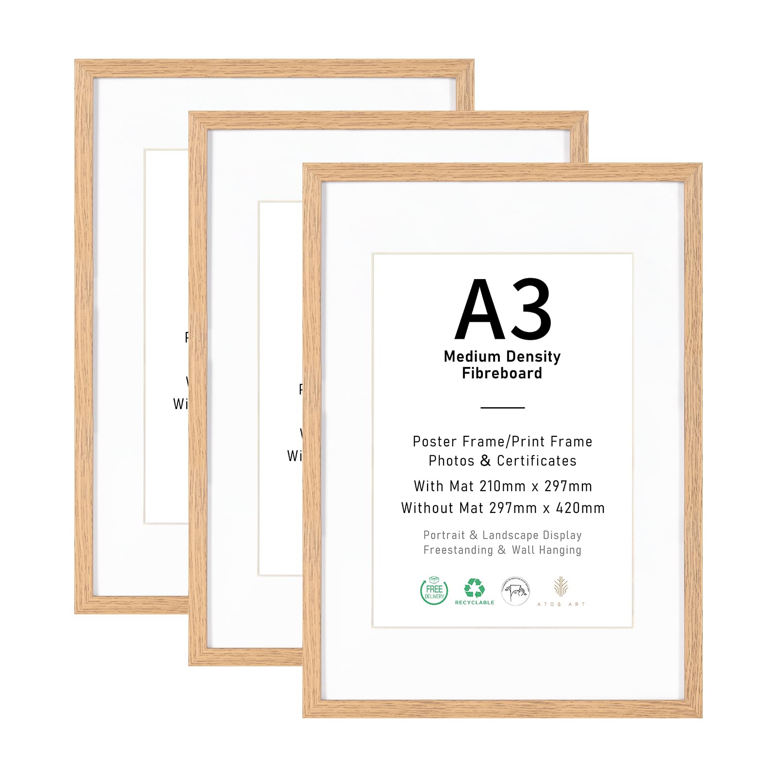 A3 Picture Frame Set of 3, Display A4 with Mat or A3 without Mat, Natural Wood Photo Frames for Wall Mounting or Table Top Display
